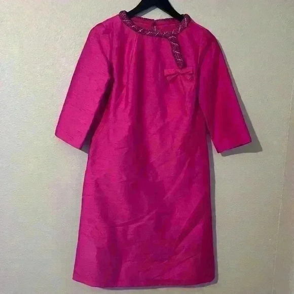 VTG 50s Pink Silk Womens Beaded Jeweled Neckline Dress Size S - Picture 1 of 11